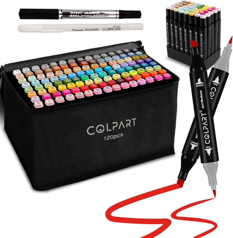 colart 120 Colors Alcohol Markers Brush Tip Dual Tip Art Markers for Kids Marker Pens with Pen Holder and Case for Adult Coloring Painting Perfect for Painting,Sketching and Drawing Christmas Gift - Image 1